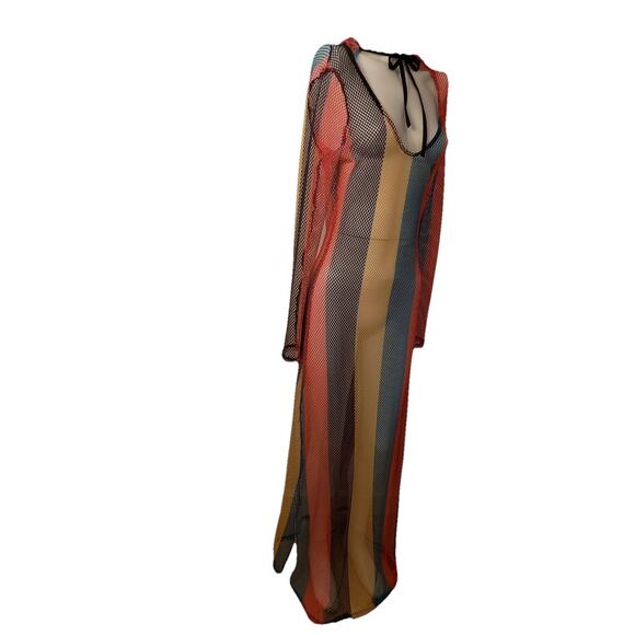 Multicolor maxi fishnet swim coverup long sleeve hooded size XXL - Picture 8 of 9